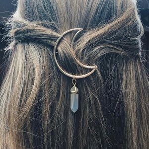 Gold Crescent Moon Hair Clip with Crystal Gem Drop